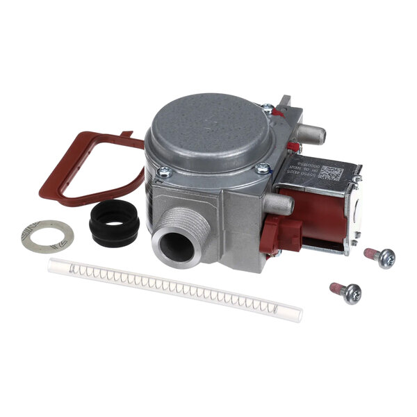 A close-up of a Rational gas valve with red parts.
