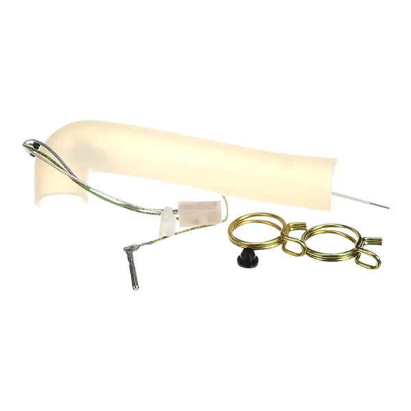 A white plastic tube with two metal rings.