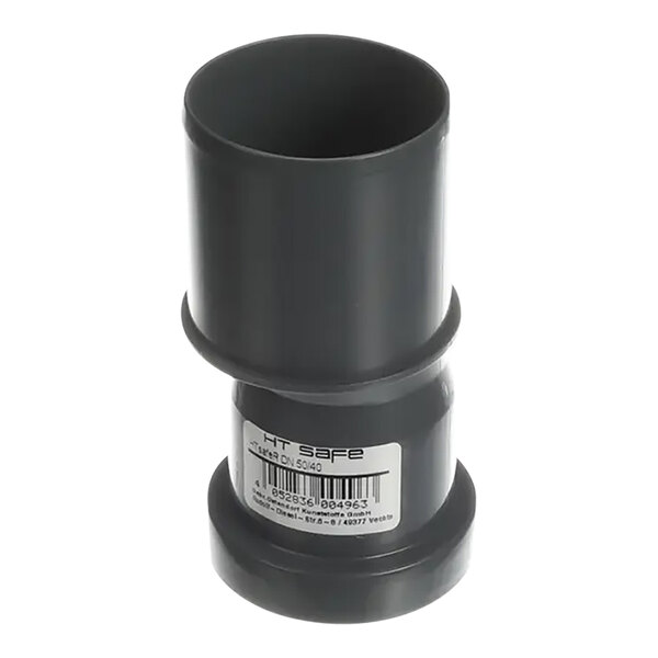 A black plastic Rational drain adapter with a white label.