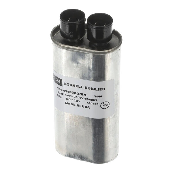 A TurboChef 0.80Uf capacitor in a metal can with black caps and two black wires.