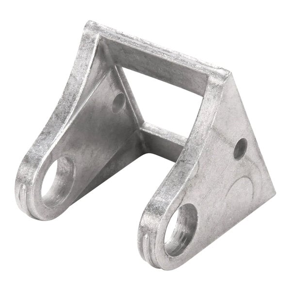 A metal corner hinge with holes on each side.