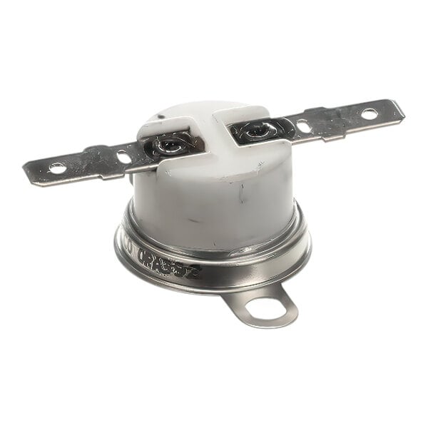 A close up of a white Wells high-limit thermostat with metal screws.