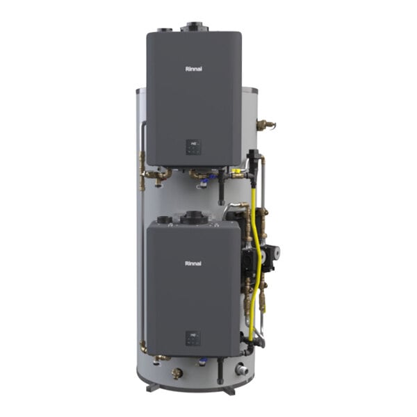 A large grey Rinnai water heater with two black containers inside.