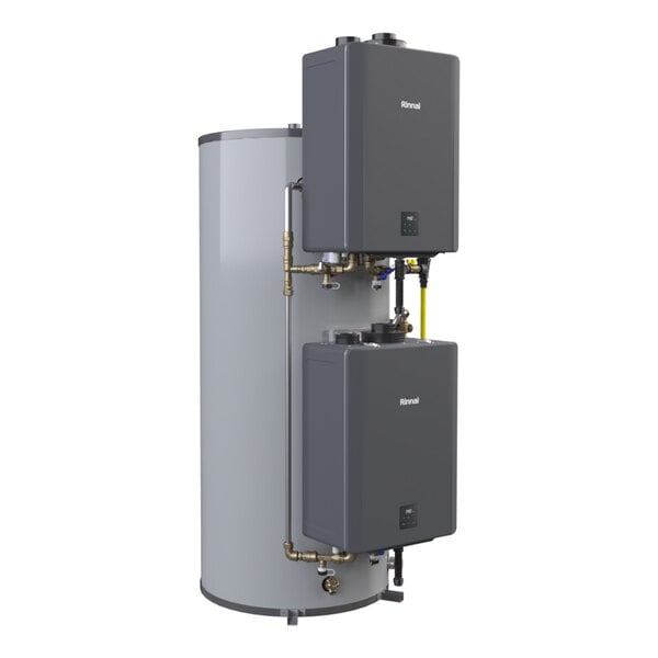 A large vertical double water heater system with two gray tankless units mounted on a tall cylindrical storage tank.