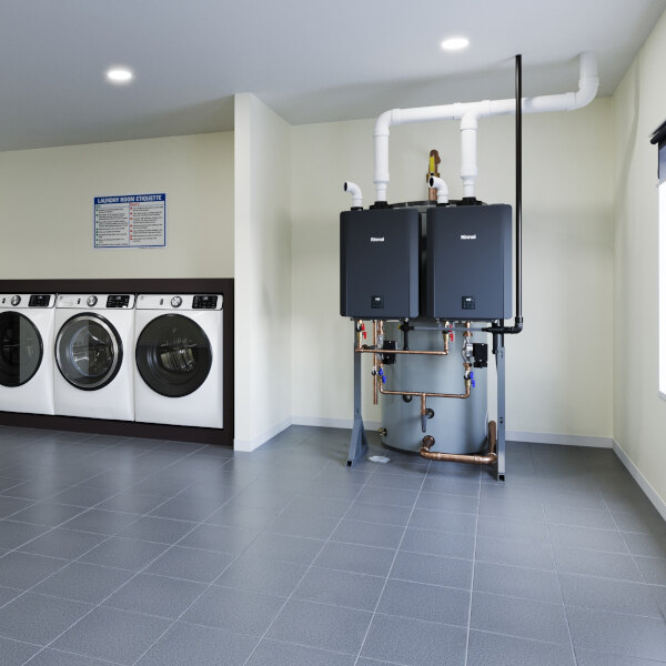 A commercial double water heater system with a large vertical storage tank and dual black units, designed for natural gas or liquid propane use.