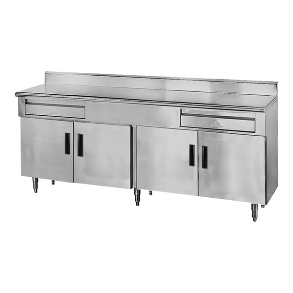 A stainless steel work table with two drawers, four hinged doors, and a 5-inch backsplash.