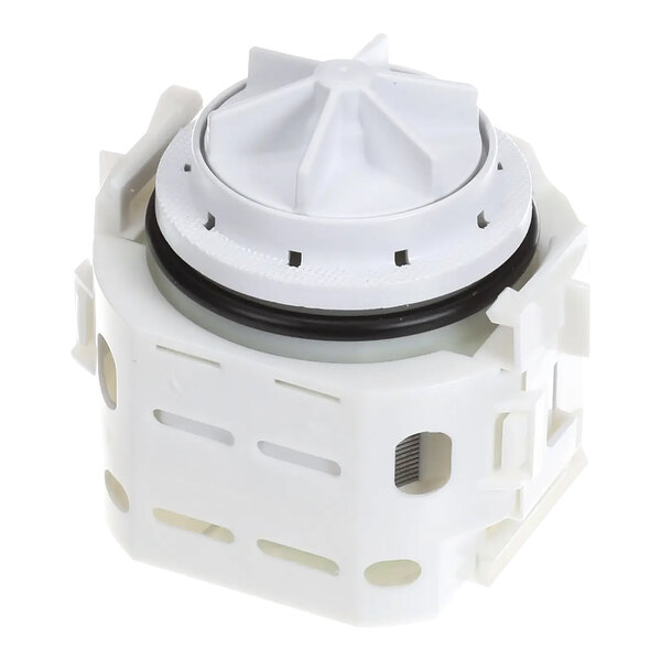 A white plastic pump for a Rational oven with black rubber bands.