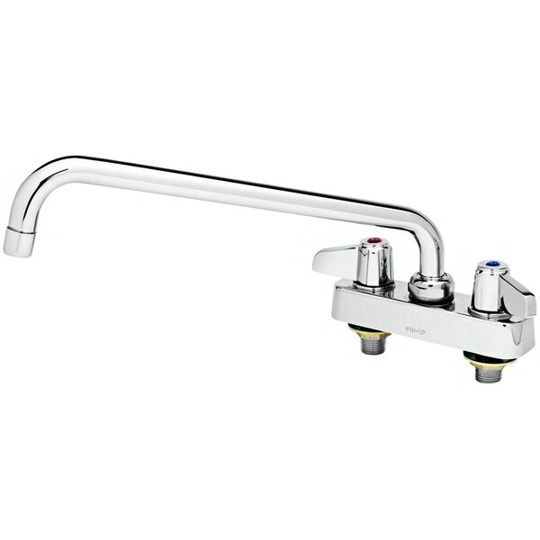 A silver Equip by T&S deck-mounted faucet with a 12 1/8" swing nozzle and two silver handles with red and blue accents.