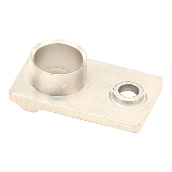 A silver metal Rational door setting bolt with a hole in it.