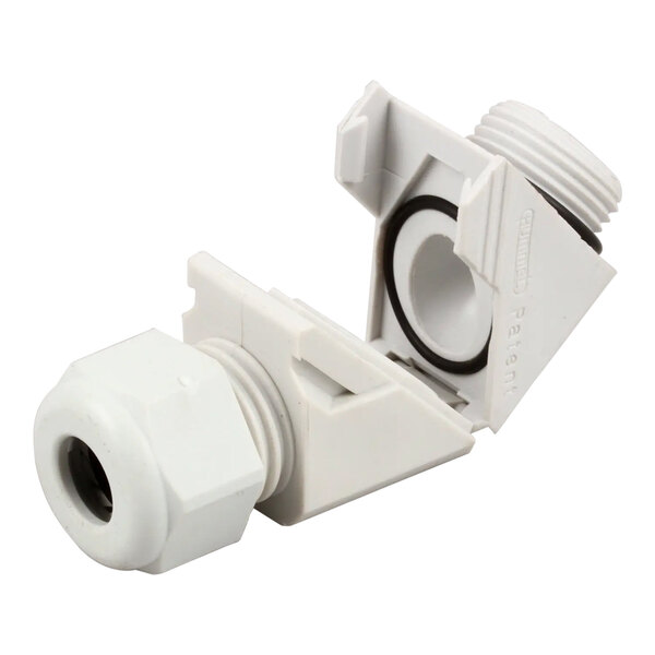 A close up of a white Wells strain relief elbow connector