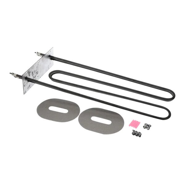 A TurboChef heater assembly kit with metal parts including a rectangular plate and two small round objects.