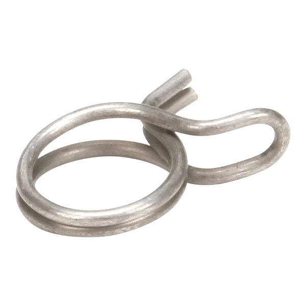 A silver metal Scotsman hose clamp with a hook.