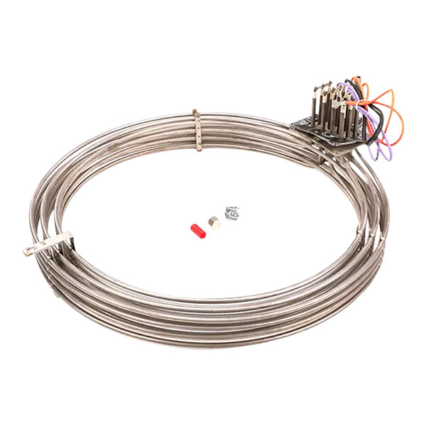 A stainless steel metal tube with wire connectors on the end.