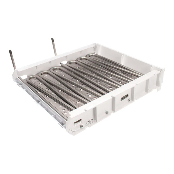 A white box with metal rods and a handle inside.