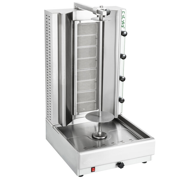 A stainless steel round tray for a Visvardis gyro machine.