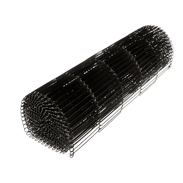 A black conveyor belt with wire mesh on a white background.