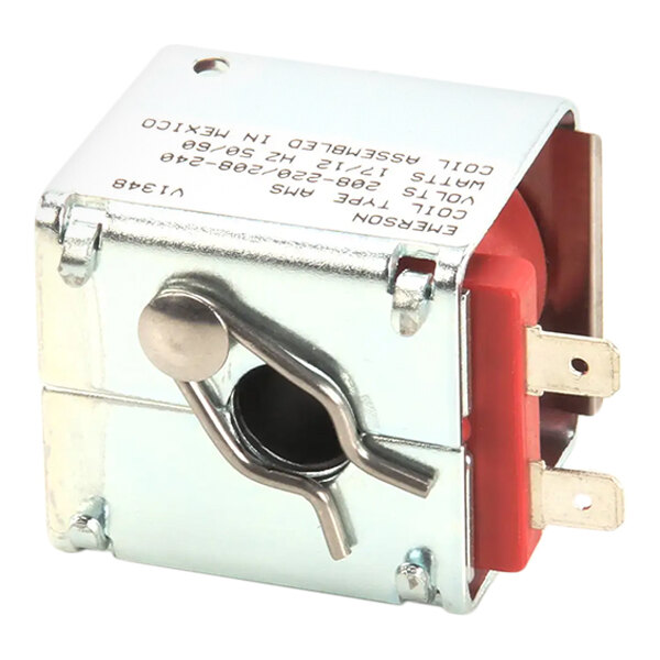 A small metal box with a red and black cover.