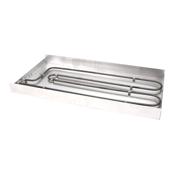 A stainless steel pan with metal pipes.