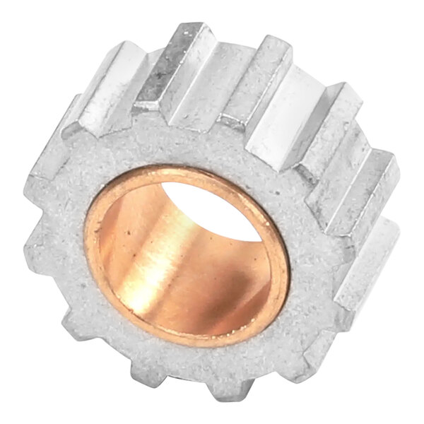 A silver and gold gear wheel.