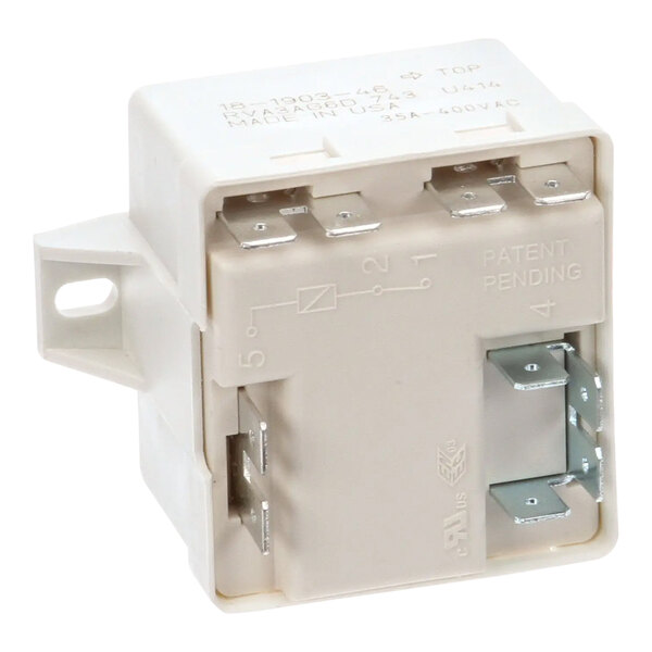 A white Scotsman Relay Start with metal parts and two wires.