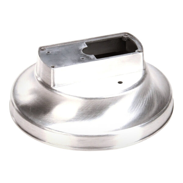 A silver metal Wells cast bottom machined bowl with a rectangular hole in the bottom.
