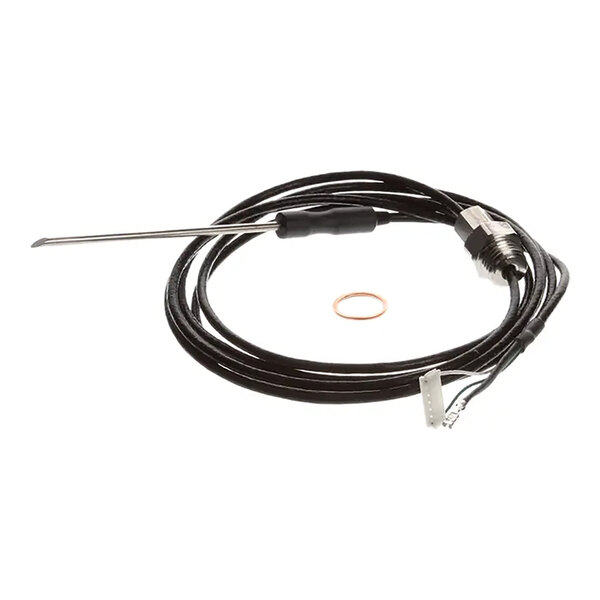 A black cable with a black electrical connector and a rubber seal.