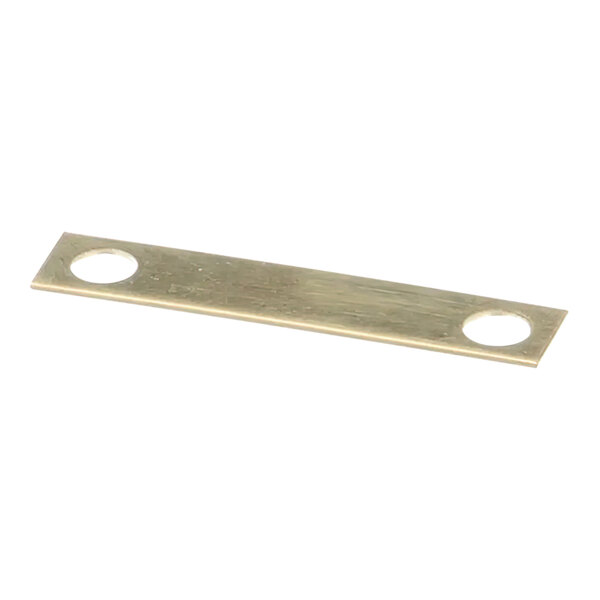 A close-up of a rectangular metal plate with holes on the side.