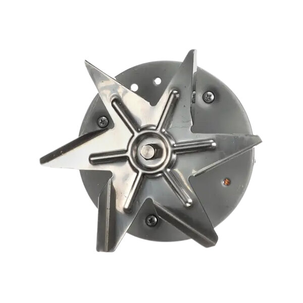 A metal fan blade with screws.