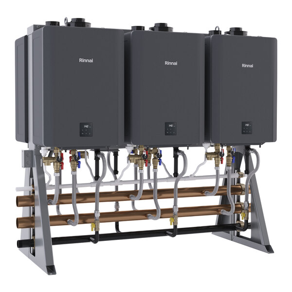 A Rinnai tankless water heater rack holding three black rectangular units.