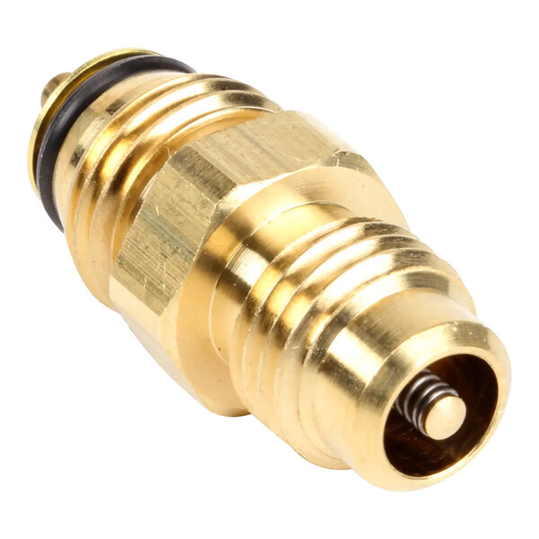 A close up of a brass Scotsman core service valve with a black rubber ring.