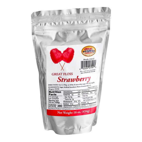 A Great Western container of pink strawberry cotton candy sugar concentrate.