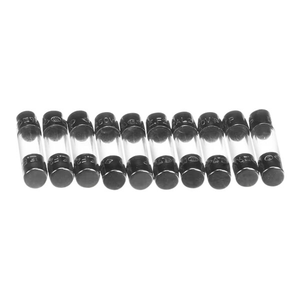 A set of cylindrical glass fuses with black end caps, each measuring 5x20mm.