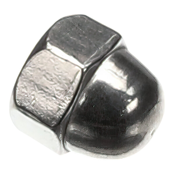 A silver metal 1/4-20 acorn cap nut with a black metal cap.