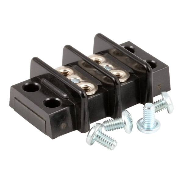 A close-up of a black metal Wells terminal block with screws and nuts.