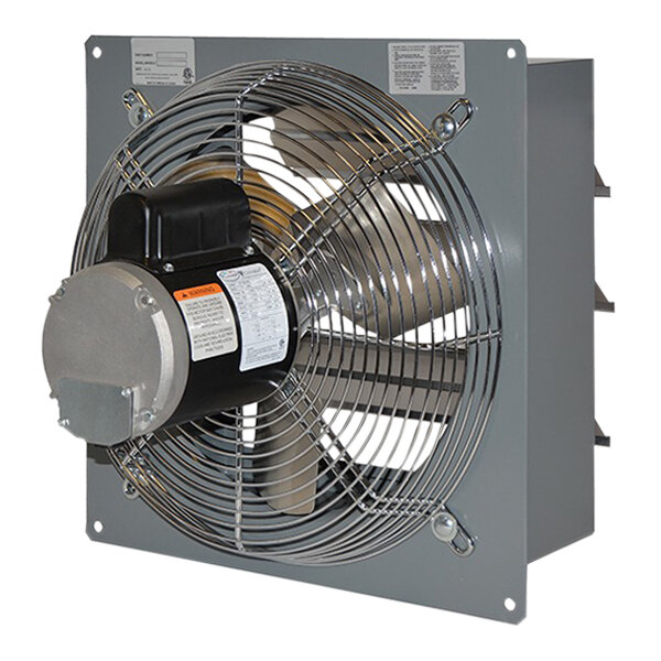 A close-up of a Canarm metal wall exhaust fan.