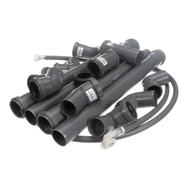 A pile of grey pipes with black fittings.
