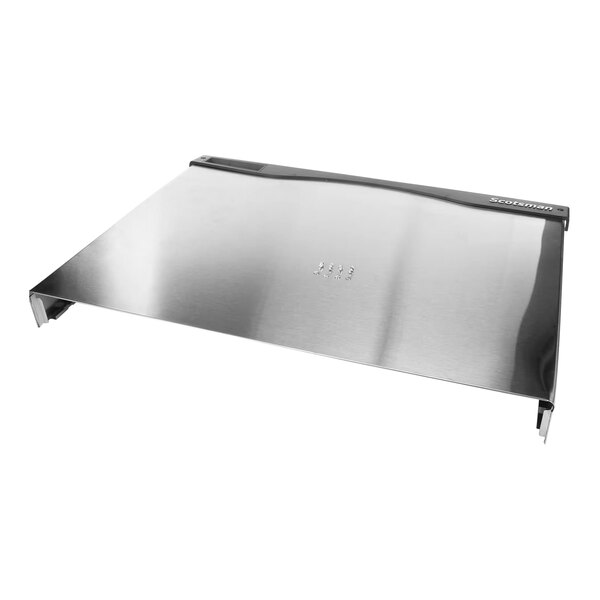 A silver metal service front panel for a Scotsman machine with a black handle.