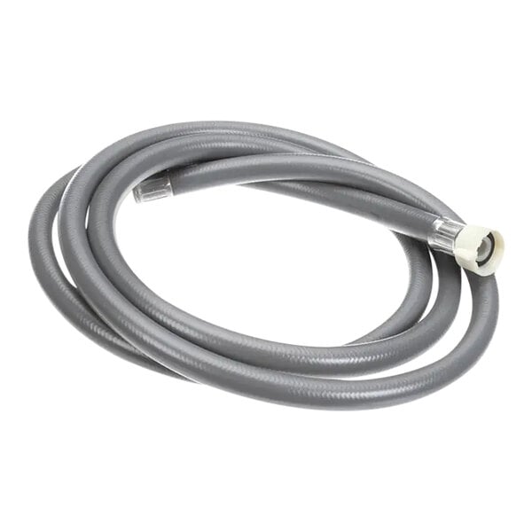 A grey Rational hose for water supply on a white background.