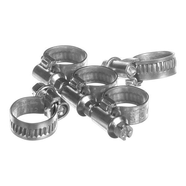 A group of five Rational stainless steel hose clamps.