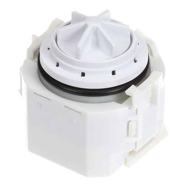 A white plastic box with a black ring and white lid.