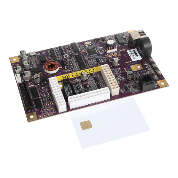 A close-up of a white TurboChef control board with a chip.