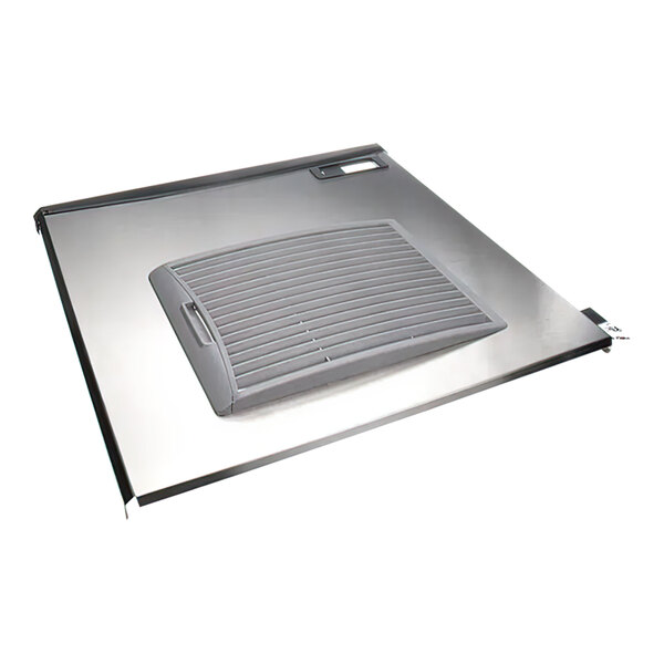 A Scotsman stainless steel service panel with a metal grate over a grey vent.