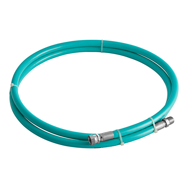 A blue Parker water transfer hose with silver metal fittings.