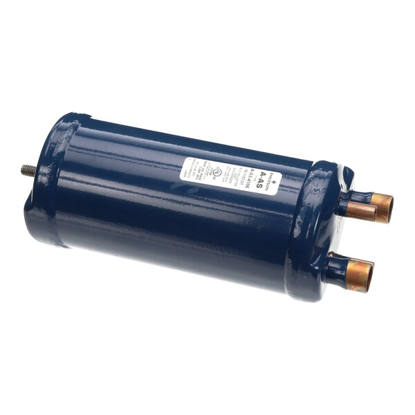 A blue Scotsman accumulator cylinder with a white label and copper pipes.