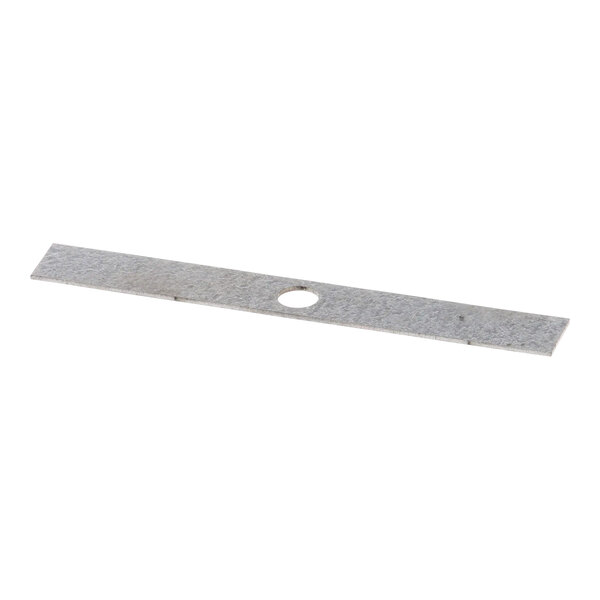 A close-up of a metal Wells clip tie down strip with a hole in the middle.