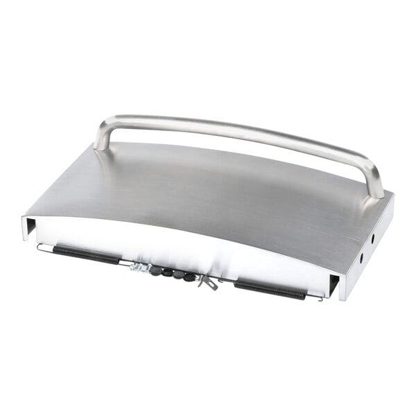 A silver metal tray with handles.