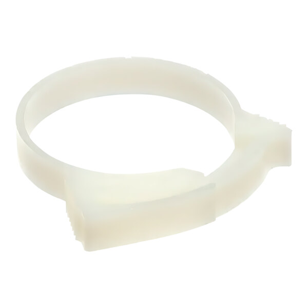 A white plastic Scotsman hose clamp.