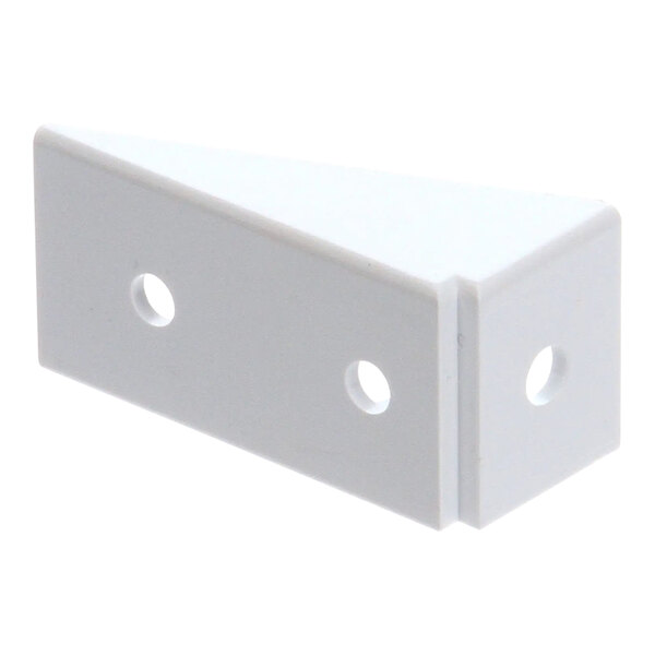 A white plastic Scotsman gusset wall tie down with holes.