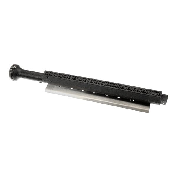 A black and silver metal Wells charbroil burner with a metal pipe and handle.