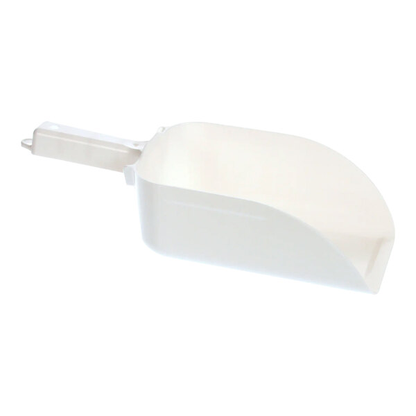 A white plastic Scotsman ice scoop with a handle.